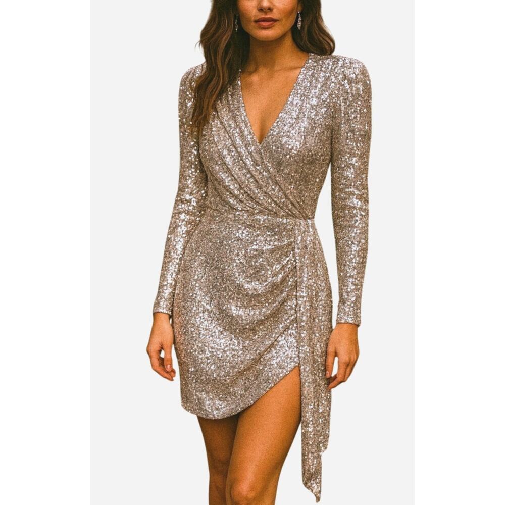 NWT Alex Marie Sequin Long Sleeve V-Neck Cocktail Dress Size 4 Silver Glam Event